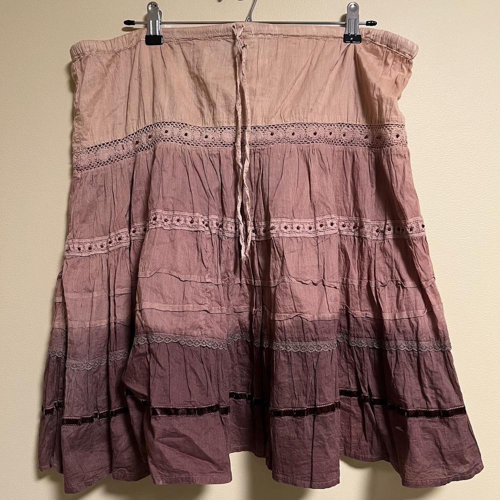 Vtg Women's Angie Skirt Sz M Tiered Ombré Lace Drawstring Boho Festival Western